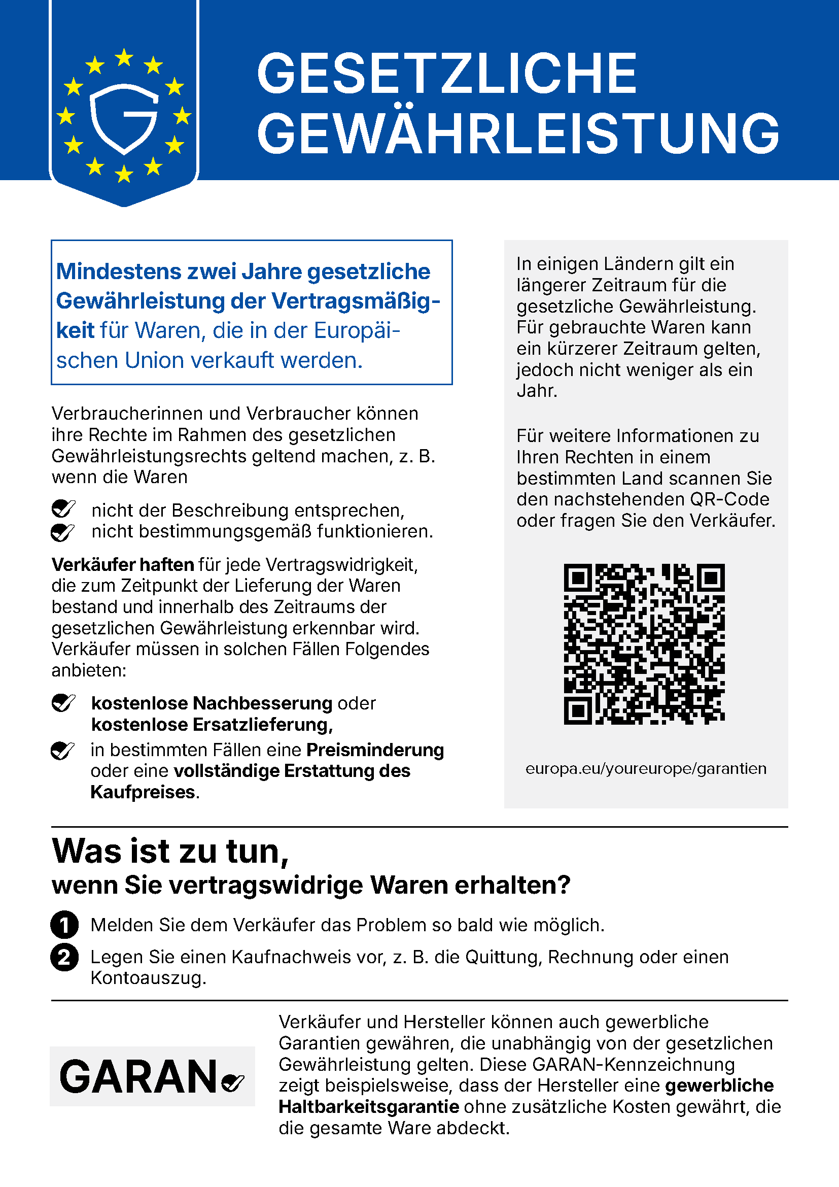 EU-Hinweis: Gesetzliche Gewährleistung von mindestens zwei Jahren für Waren, die in der Europäischen Union verkauft werden